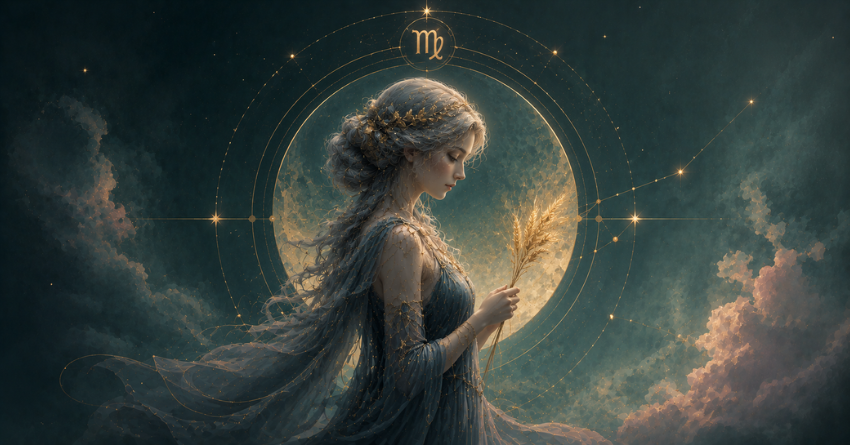 Why Virgo Should Trust the Process astrology illustration featuring Virgo beneath a glowing moon with cosmic energy and a mystical night sky