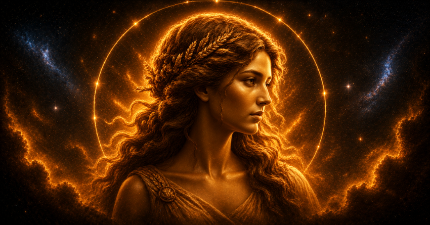 Virgo entering a more prosperous phase with a glowing golden Virgo zodiac symbol representing financial growth, abundance, and success