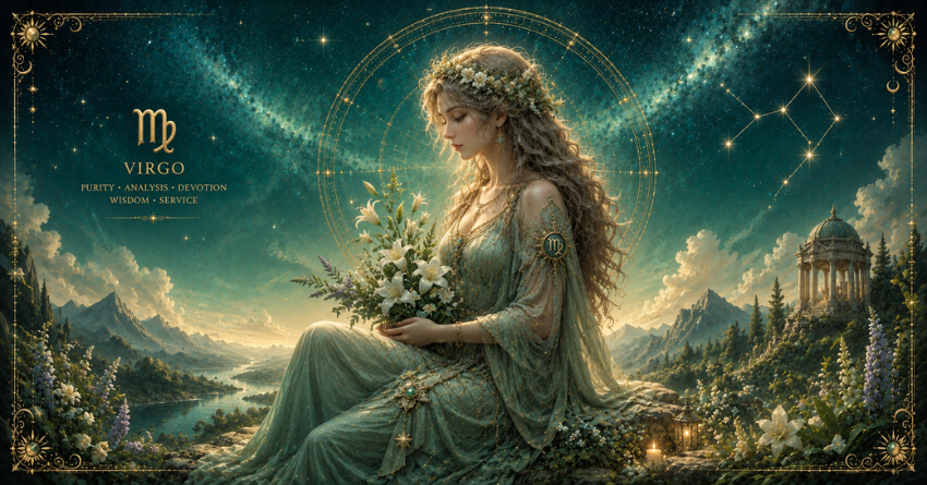 The Universe Is Trying to Tell Virgo Something – Virgo zodiac sign celestial fantasy artwork with mystical cosmic light and stars.
