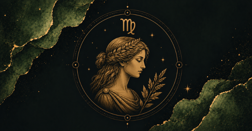 Virgo, This Message Found You at the Perfect Time zodiac sign artwork featuring an elegant Virgo profile within a celestial medallion surrounded by mystical green and gold cosmic clouds.