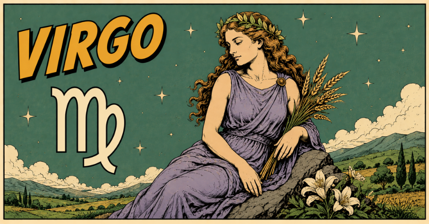 What Virgo Needs to Stop Doubting illustration featuring Virgo zodiac woman sitting peacefully in a fantasy landscape with the Virgo symbol