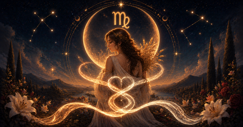 What Virgo Needs to Know About Their Soulmate tarot card art illustration featuring Virgo symbol with soulmate energy and glowing celestial paths