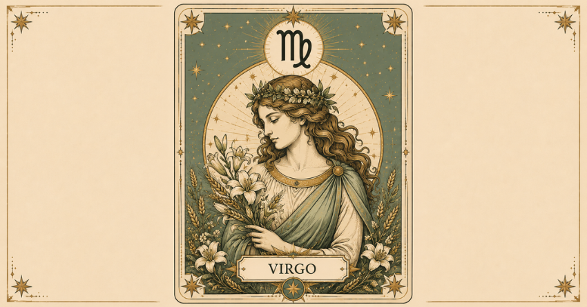 Virgo Is About to Shine in Unexpected Ways tarot card art featuring the Virgo zodiac symbol in a vintage mystical design