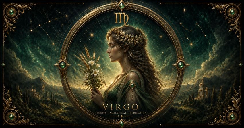 Virgo Is Being Guided Through a Difficult Test zodiac illustration featuring a mystical Virgo woman surrounded by glowing cosmic energy and celestial symbols in an elegant fantasy style.