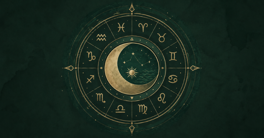 Weekend Horoscope for All Zodiac Signs June 13–14 featuring a mystical zodiac wheel with moon symbols and celestial astrology design on a dark green cosmic background