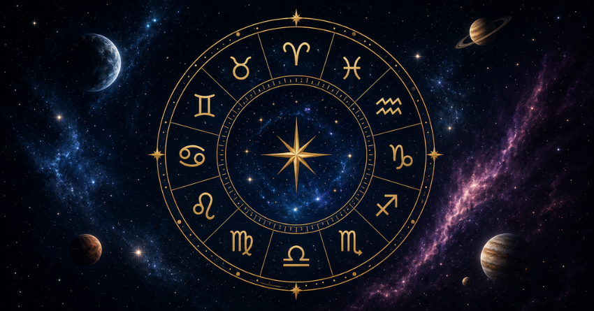 Weekly Horoscope for June 15–21, 2026 featuring an elegant zodiac wheel against a cosmic space background with glowing stars and celestial light.