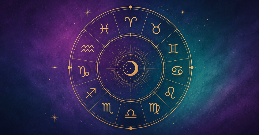 Zodiac wheel with all 12 zodiac signs on a mystical purple cosmic background