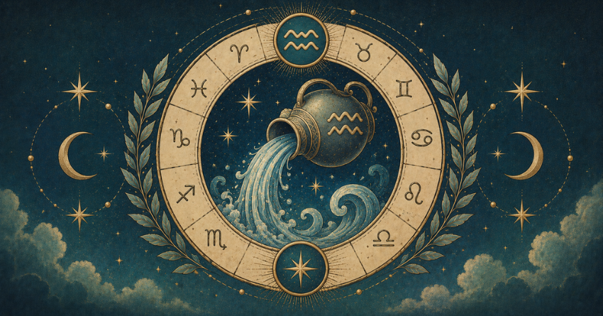 3 Zodiac Signs Aquarius Is Most Compatible With zodiac compatibility illustration featuring Aquarius and a zodiac wheel