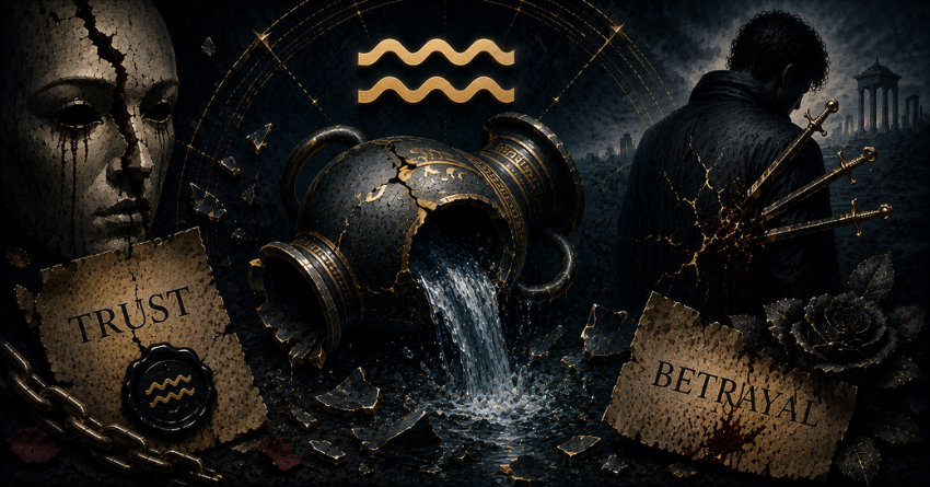 3 Zodiac Signs Most Likely to Betray Aquarius featuring a mysterious Aquarius symbol with dark betrayal-themed artwork.
