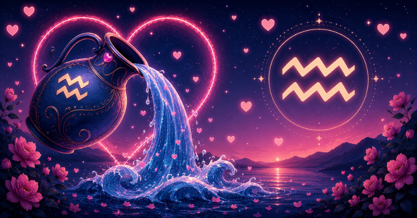 3 Zodiac Signs Most Likely to Have a Crush on Aquarius featuring a mystical Aquarius symbol glowing under a cosmic night sky with romantic zodiac-inspired artwork.