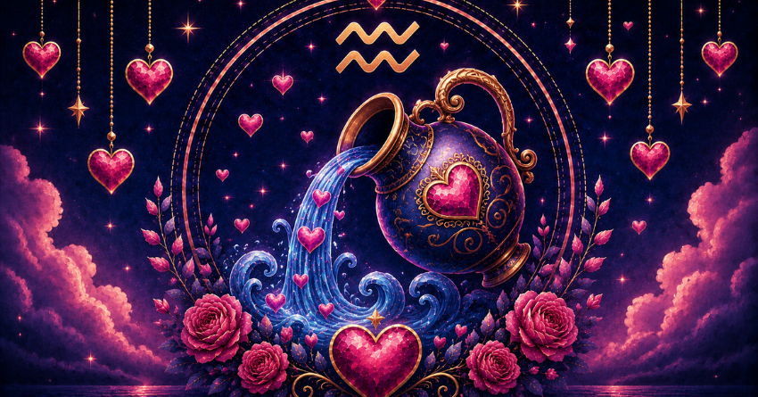 3 Zodiac Signs Most Likely to Fall in Love with Aquarius featuring a mystical Aquarius zodiac illustration surrounded by hearts and cosmic symbols.