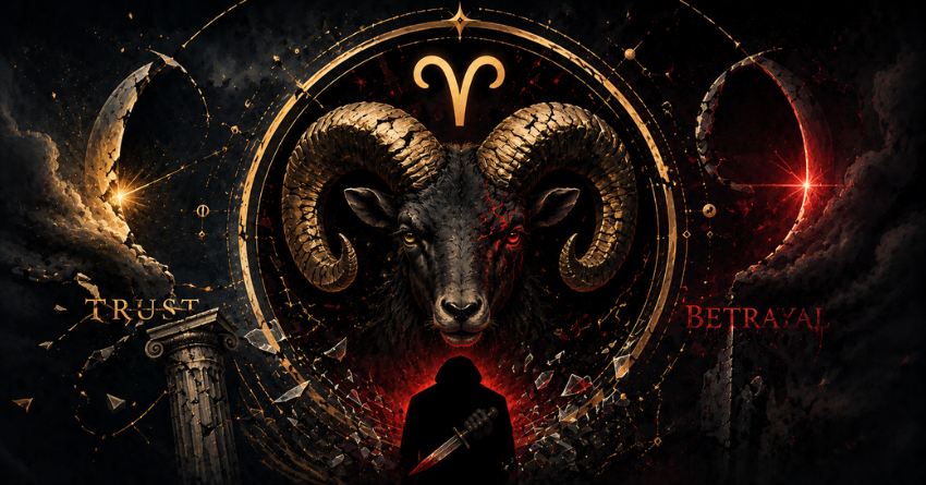 3 Zodiac Signs Most Likely to Betray Aries astrology illustration with Aries zodiac symbol