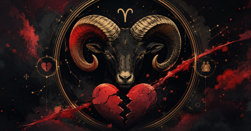 3 Zodiac Signs Most Likely to Cheat on Aries featuring a mystical Aries ram illustration with glowing red hearts on a dark cosmic background.