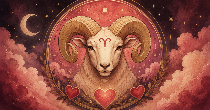 3 Zodiac Signs That Could Be Aries's Soulmate tarot-style Aries illustration with heart and zodiac compatibility theme
