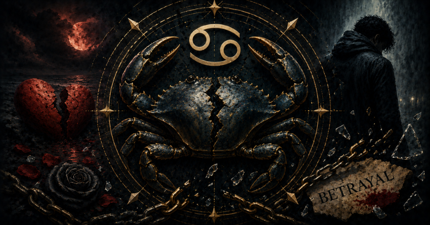 3 Zodiac Signs Most Likely to Betray Cancer themed zodiac artwork featuring the Cancer crab symbol in a dark mystical style