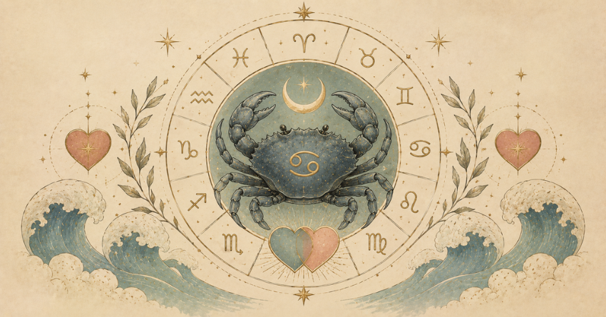 3 Zodiac Signs Cancer Is Most Compatible With illustration featuring Cancer zodiac symbol and compatibility theme