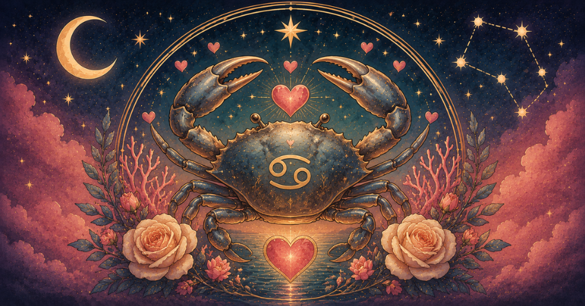 3 Zodiac Signs That Could Be Cancer's Soulmate tarot card art featuring the Cancer zodiac symbol with a mystical astrology design