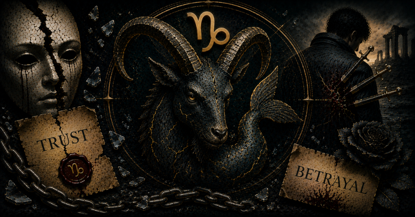 3 Zodiac Signs Most Likely to Betray Capricorn featuring a Capricorn symbol with a dark betrayal-themed zodiac illustration.