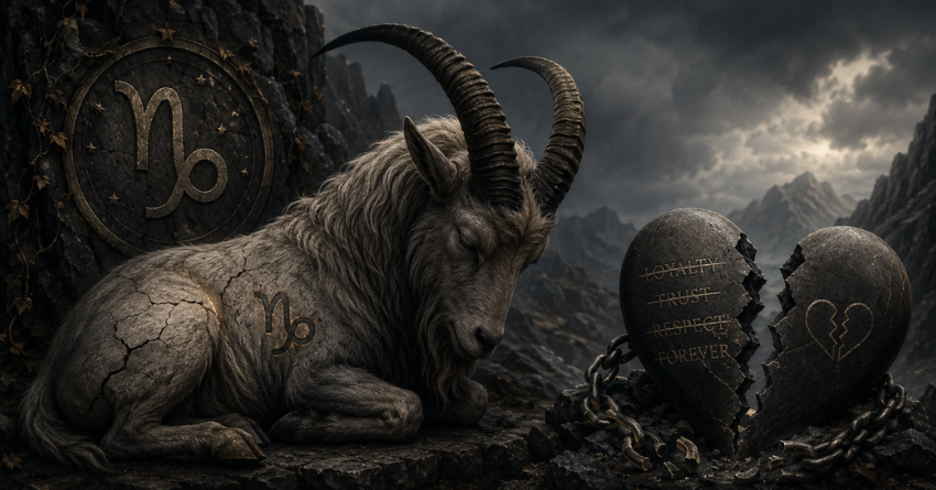 3 Zodiac Signs Most Likely to Cheat on Capricorn featuring a mystical Capricorn goat with a heartbreak theme