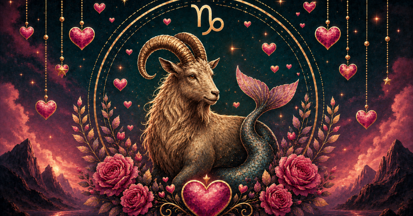 3 Zodiac Signs Most Likely to Fall in Love with Capricorn featuring a mystical Capricorn zodiac illustration surrounded by glowing hearts
