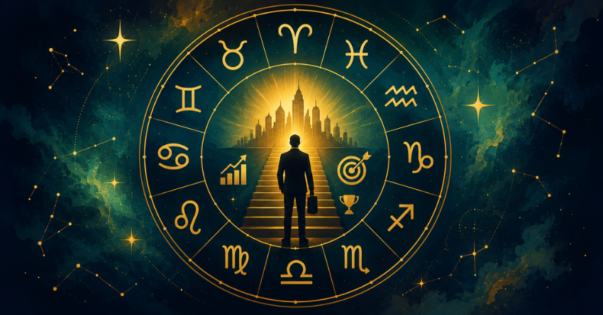 What July Has in Store for Every Zodiac Sign's Career illustration featuring a glowing zodiac wheel and a professional figure symbolizing career growth and success in July