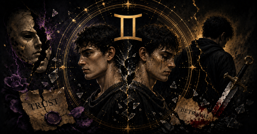 3 Zodiac Signs Most Likely to Betray Gemini featuring Gemini twins with a dark betrayal-themed zodiac illustration