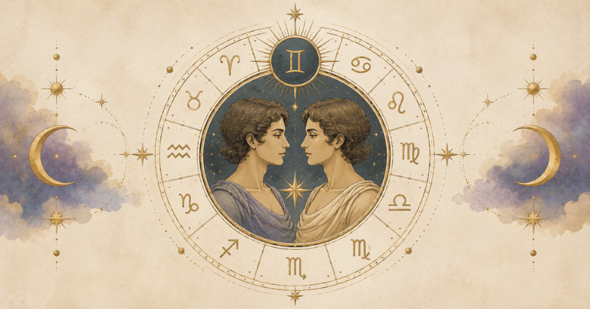 3 Zodiac Signs Gemini Is Most Compatible With featuring a simple zodiac wheel with the Gemini symbol in a mystical tarot-inspired design.