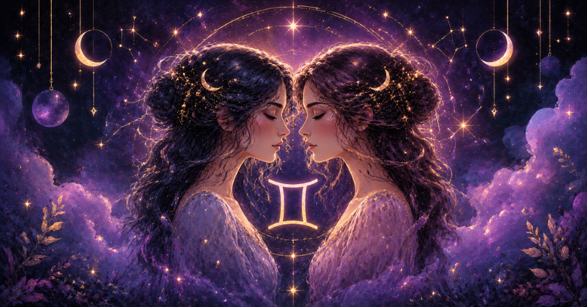3 Zodiac Signs Most Likely to Have a Crush on Gemini mystical zodiac illustration featuring the Gemini symbol surrounded by glowing cosmic energy in purple and blue tones.