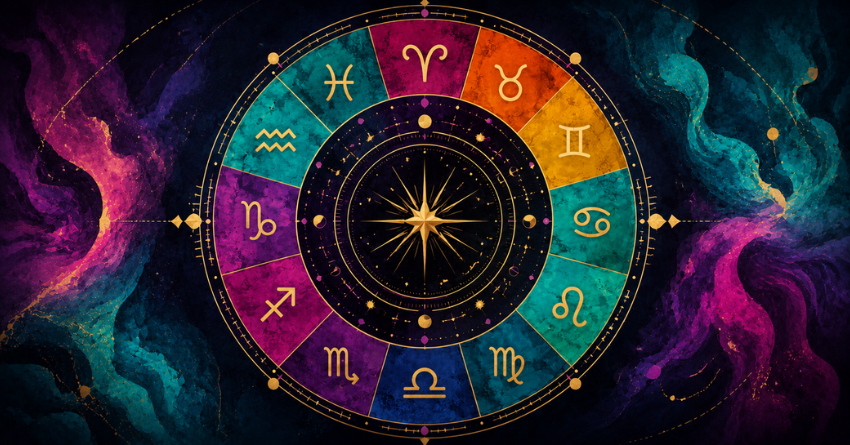 Daily Horoscope for July 4, 2026 illustration featuring a colorful zodiac wheel with all 12 zodiac symbols in a mystical cosmic background.