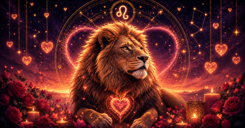 3 Zodiac Signs Most Likely to Have a Crush on Leo illustration featuring a mystical lion and zodiac symbols