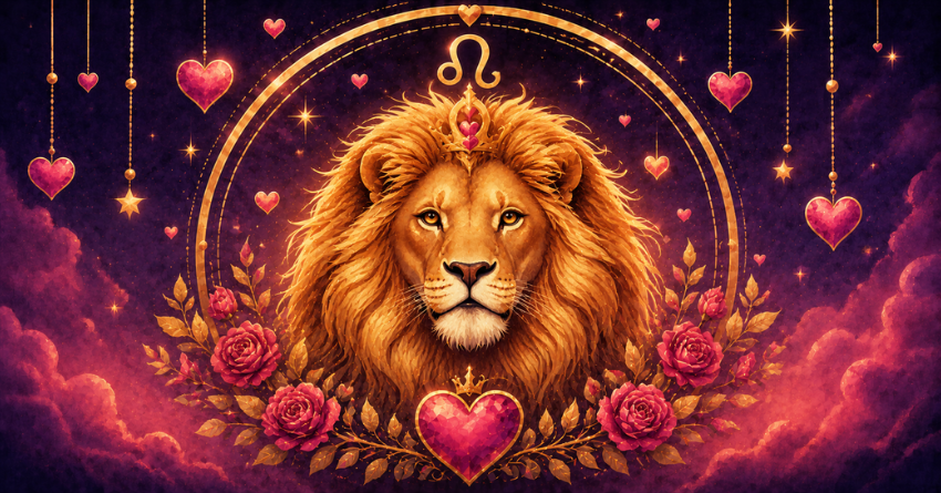 3 Zodiac Signs Most Likely to Fall in Love with Leo illustration featuring the Leo zodiac sign in mystical blue artwork