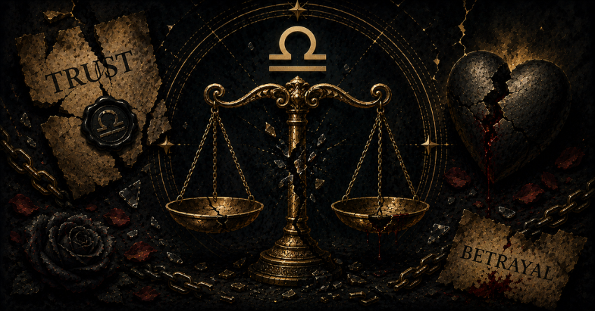 3 Zodiac Signs Most Likely to Betray Libra illustration with Libra scales and dark betrayal theme