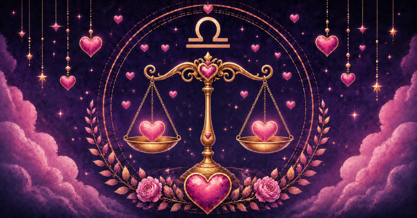 3 Zodiac Signs Most Likely to Fall in Love with Libra illustration featuring the Libra zodiac scales surrounded by glowing hearts in a mystical purple sky