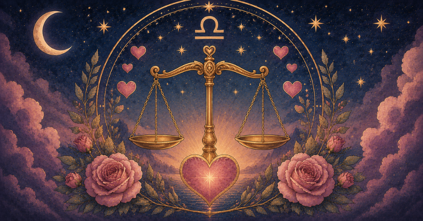 3 Zodiac Signs That Could Be Libra's Soulmate tarot card art featuring Libra scales with a romantic mystical zodiac design