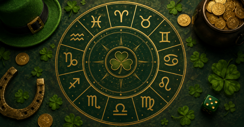 These 4 Zodiac Signs Could Be the Luckiest on 7/7, mystical zodiac wheel with glowing gold zodiac symbols, emerald magical energy, lucky stars, and four-leaf clovers.