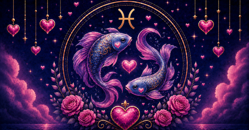 3 Zodiac Signs Most Likely to Fall in Love with Pisces featuring a mystical Pisces zodiac symbol surrounded by glowing hearts and cosmic artwork