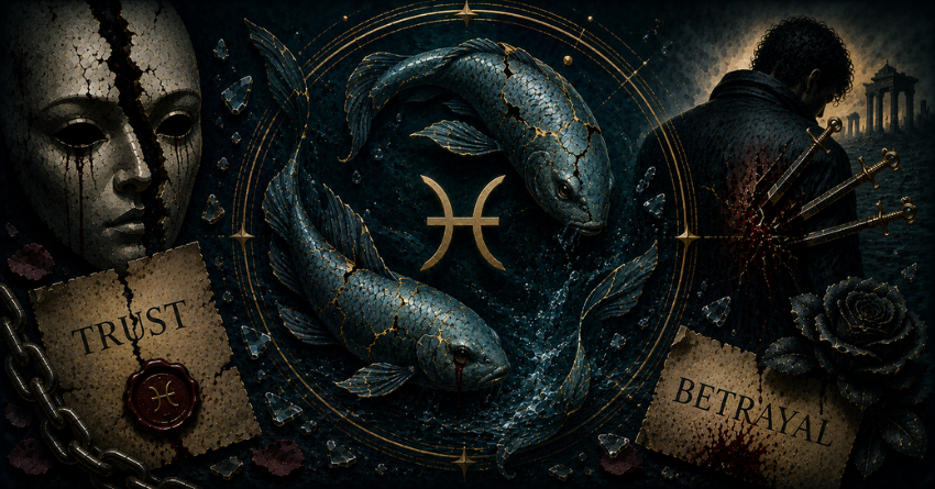 3 Zodiac Signs Most Likely to Betray Pisces illustration with the Pisces zodiac symbol