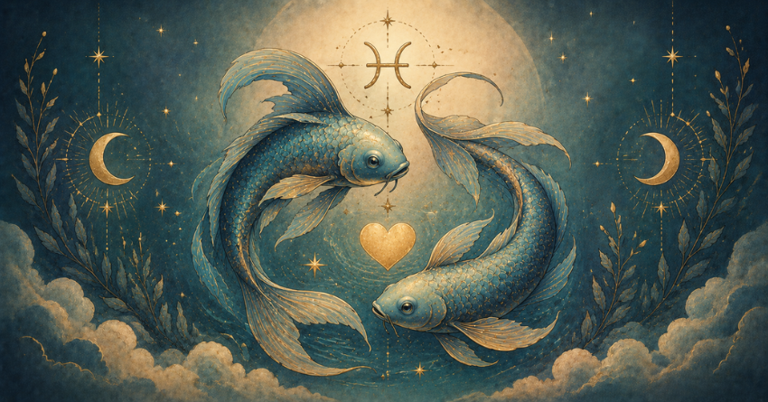 3 Zodiac Signs Pisces Is Most Compatible With tarot card art featuring two Pisces fish in a mystical compatibility-themed design