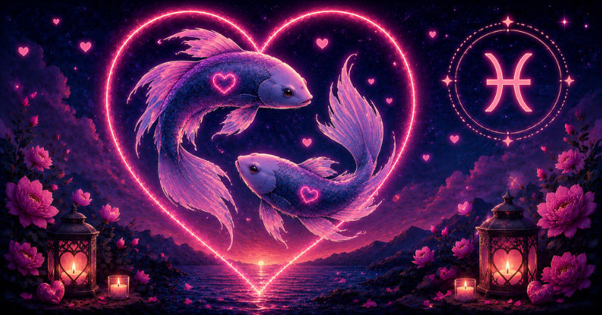 3 Zodiac Signs Most Likely to Have a Crush on Pisces mystical illustration featuring two glowing fish forming a heart with Pisces zodiac symbol