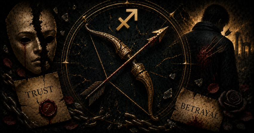 3 Zodiac Signs Most Likely to Betray Sagittarius featuring the Sagittarius zodiac symbol in a dark betrayal-themed design