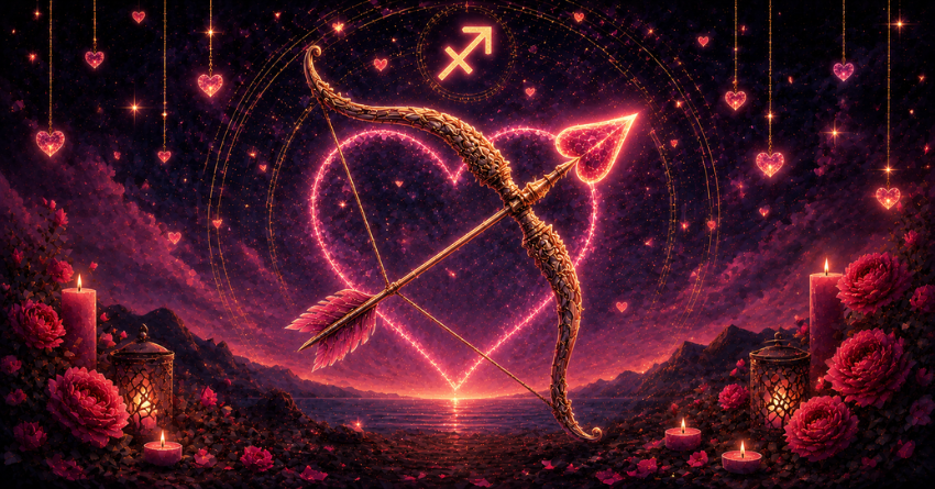 3 Zodiac Signs Most Likely to Have a Crush on Sagittarius mystical illustration featuring the Sagittarius zodiac symbol glowing in pink and gold with magical cosmic lights and romantic heart-themed energy.