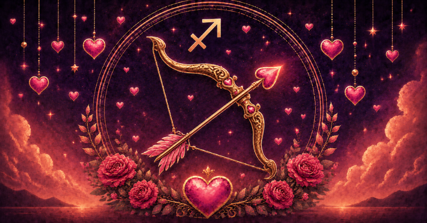 3 Zodiac Signs Most Likely to Fall in Love with Sagittarius mystical zodiac illustration with Sagittarius symbol and hearts