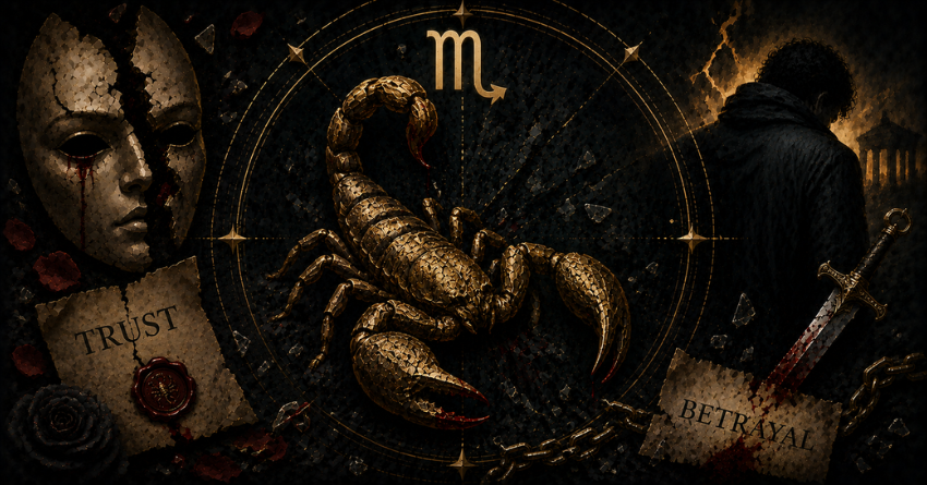 3 Zodiac Signs Most Likely to Betray Scorpio featuring a dark scorpion surrounded by shadowy figures in a betrayal-themed mystical design.