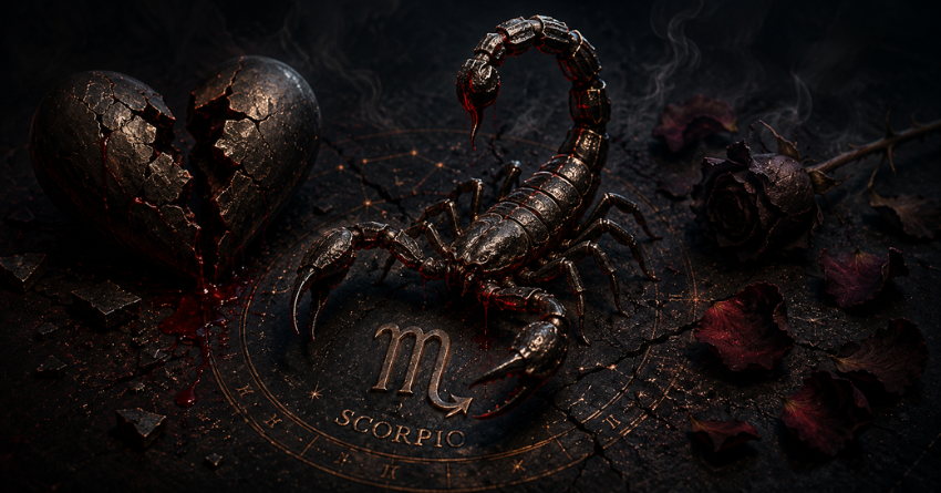 3 Zodiac Signs Most Likely to Cheat on Scorpio illustration featuring a dark mystical scorpion and broken heart theme