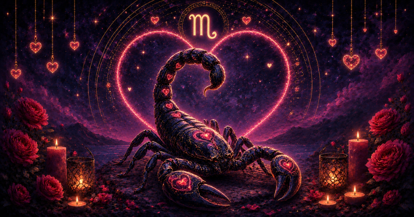 3 Zodiac Signs Most Likely to Have a Crush on Scorpio featuring a mystical heart-shaped scorpion surrounded by glowing cosmic energy in purple and pink colors.