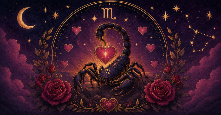 3 Zodiac Signs That Could Be Scorpio's Soulmate mystical tarot artwork with Scorpio symbol, glowing heart, zodiac wheel, and romantic cosmic background
