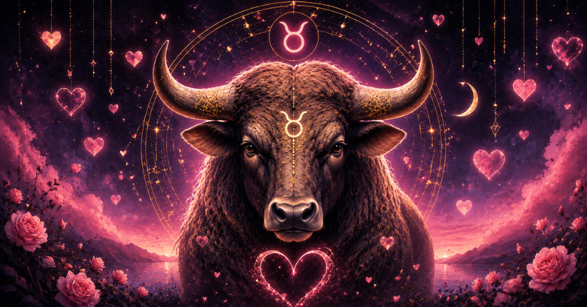 3 Zodiac Signs Most Likely to Have a Crush on Taurus mystical illustration of the Taurus zodiac sign with glowing hearts