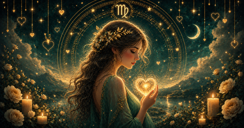 3 Zodiac Signs Most Likely to Have a Crush on Virgo. Mystical illustration of the Virgo zodiac sign surrounded by glowing hearts, stars, and golden cosmic light.