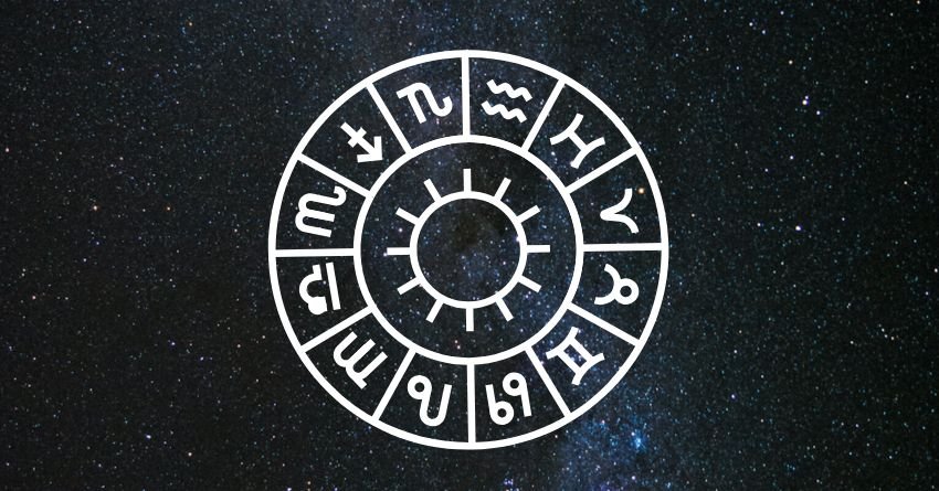 White zodiac wheel with astrological symbols against a dark, starry cosmic background