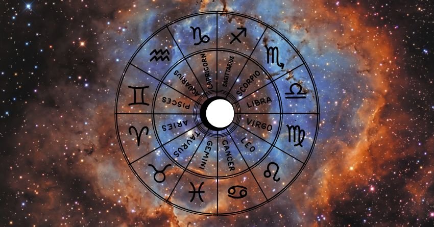 Glowing blue zodiac wheel surrounded by fiery orange and dark cosmic clouds